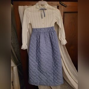 Vintage 1970s Girls Maxi Prairie Dress Blue & White With Lace Accents